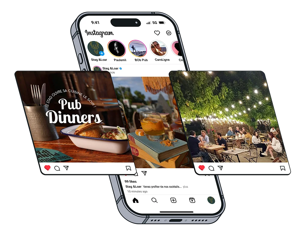 Réseaux sociaux du Stag Image représentant quelques posts sur les réseaux sociaux du Pub.